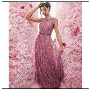 Mac Duggal 5445 Purple Pink Plum Embellished Cap Sleeve Evening Gown Dress 8